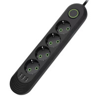 Мережевий фільтр F04U, 4 розетки EU + 3 USB, 1.5 м, перетин 3х0, 75мм, 2500W, Black, Box
