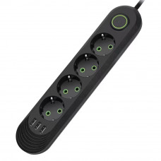 Мережевий фільтр F04U, 4 розетки EU + 3 USB, 1.5 м, перетин 3х0, 75мм, 2500W, Black, Box