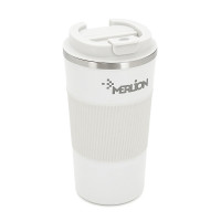 Термокухоль Merlion з нержавіючої сталі, об'єм 510 мл., білий, з силіконовим чохлом та відкидною кришкою