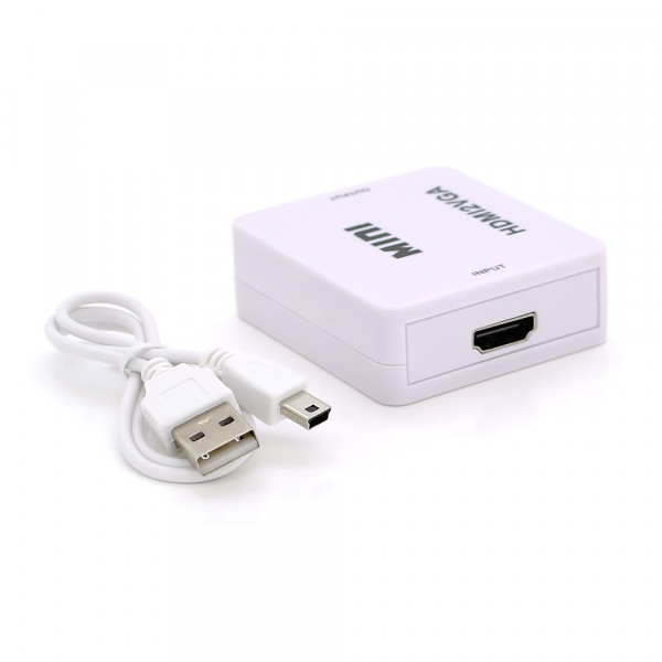 Конвертер Mini, HDMI to VGA, ВХІД HDMI (мама) на ВИХІД VGA (мама), 720P / 1080P, White, BOX