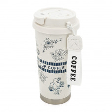 Термокухоль пластиковий Merlion Coffee, з трубочкою, об'єм 500мл., колба з нержавіючої сталі, біла з сірим