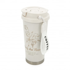 Термокухоль пластиковий Merlion Coffee, з трубочкою, об'єм 500мл., колба з нержавіючої сталі, біла