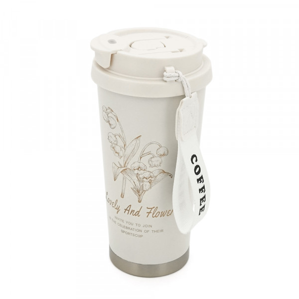 Термокухоль пластиковий Merlion Coffee, з трубочкою, об'єм 500мл., колба з нержавіючої сталі, біла