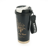 Термокухоль пластиковий Merlion Coffee, з трубочкою, об'єм 500мл., колба з нержавіючої сталі, чорний