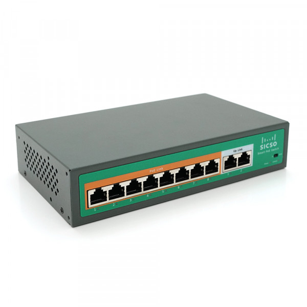 Комутатор POE SICSO 48V з 8 портами POE 100Мбіт + 2 порт Ethernet (UP-Link) 100Мбіт, з посил. сигн. до 250м, корпус-метал, Silver, БП вбудований, Q30