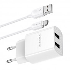 Набір BOROFONE BA53A СЗУ 2xUSB+ кабель Type-C, 2.1A, 1м, White, Blister-box