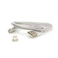 Магнітний кабель USB 2.0/Lighting, 1m, 2А, індикатор заряду, тканинне обплетення, знімач, Silver, Blister ( під наконечник 1938 )