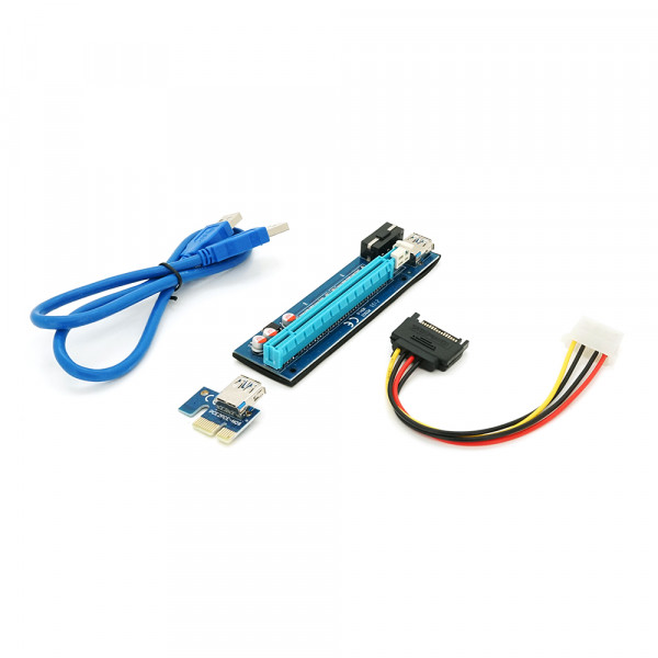 Riser PCI-EX, x1=>x16, 4-pin MOLEX, SATA=>4Pin, USB 3.0 AM-AM 0,6 м (синій), конденсатори PS 100 16V, Пакет