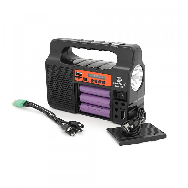Переносний ліхтар EP-0138 + Solar, Функції: PowerBank, FM радіо, USB/TF, Bluetooth, АКБ 3,7V/3600mAh, 3 виносні лампочки 3W, 183х64х135мм, Box