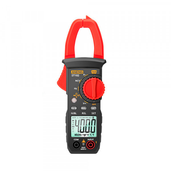 Токові кліщі ANENG ST182 Вимірювання: V (AC/DC), A (AC), Ω, C, Hz, °C/°F. Функції: Data Hold, продзвонювання, тест діодів, підсвічування.