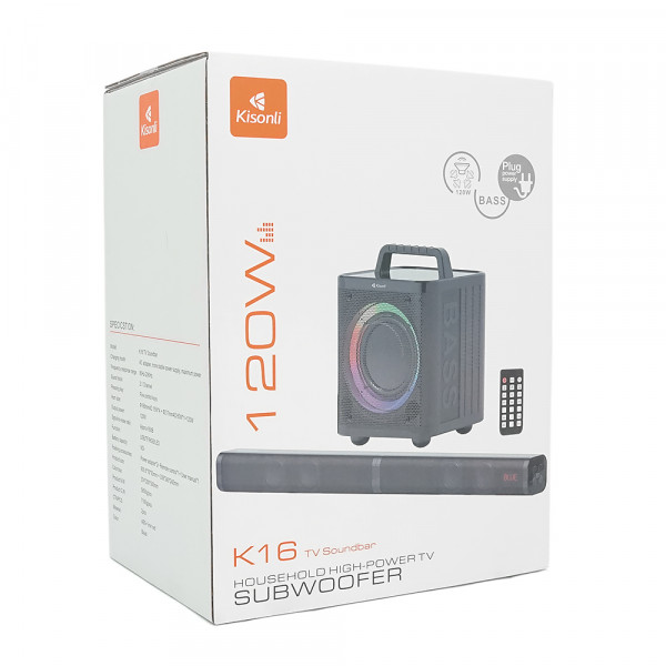 Колонки 2.0 Kisonli K16, для ПК та ноутбука, живлення 220V + jack 3.5mm, 5W, 20Hz-20KHz, з сабвуфером, bluetooth, Black, BOX,