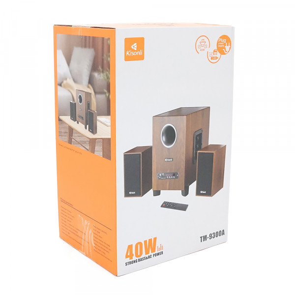 Колонки 2.1 Kisonli TM-9300A, для ПК та ноутбука, живлення 220V + jack 3.5mm, 5W+2x3W, 20Hz-20KHz, з сабвуфером, bluetooth, Black, BOX,