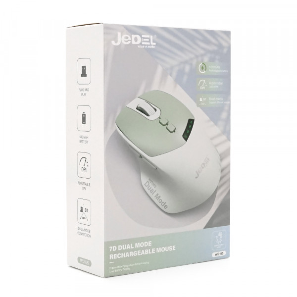 Миша бездротова JEDEL WD155, 1000/1600/2000DPI, 2.4 GHz+Bluetooth 5.0, 3.7V 500mAh, Type-C заряджання. 109x71x42 мм. 80 г. Green, Box