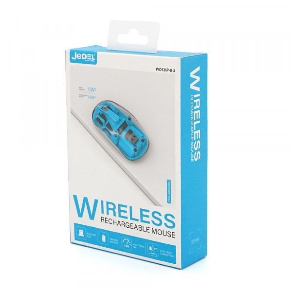 Миша бездротова JEDEL WD131P-BU, 800/1200/1600DPI, 2.4 GHz+Bluetooth 5.0, 3.7V 300mAh, Type-C заряджання. 109x60x32 мм. Transparent-Blue. Box