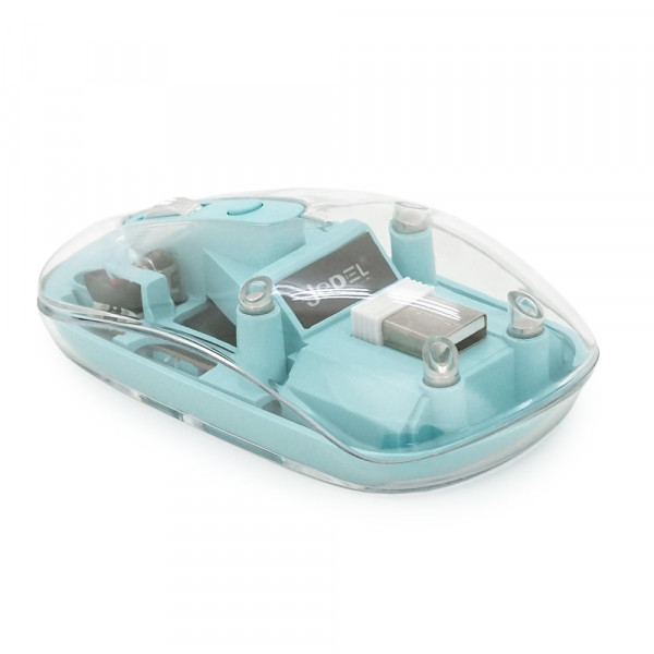 Миша бездротова JEDEL WD131P-BU, 800/1200/1600DPI, 2.4 GHz+Bluetooth 5.0, 3.7V 300mAh, Type-C заряджання. 109x60x32 мм. Transparent-Blue. Box