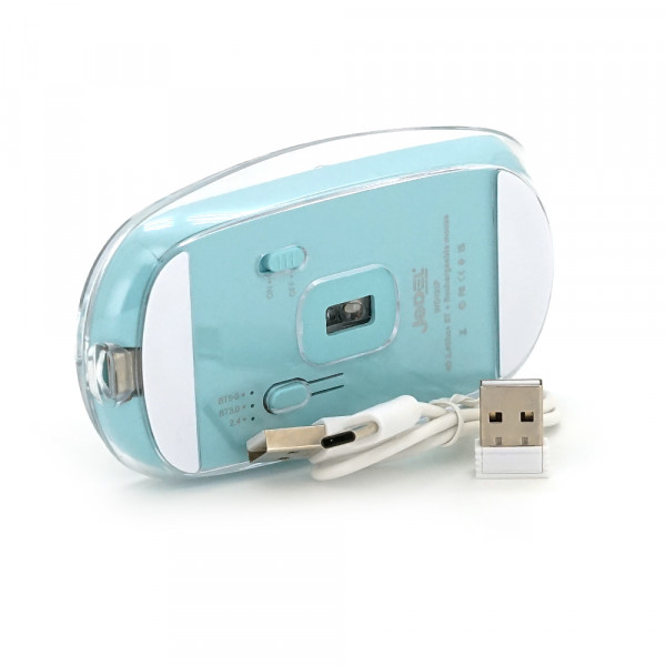 Миша бездротова JEDEL WD131P-BU, 800/1200/1600DPI, 2.4 GHz+Bluetooth 5.0, 3.7V 300mAh, Type-C заряджання. 109x60x32 мм. Transparent-Blue. Box