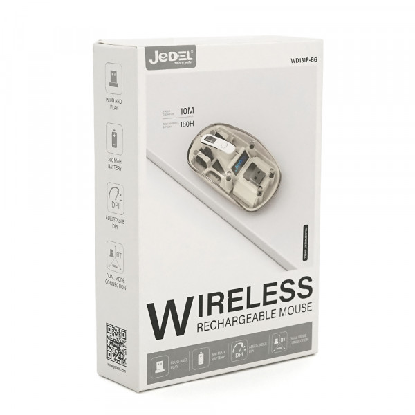 Миша бездротова JEDEL WD131P-BG, 800/1200/1600DPI, 2.4 GHz+Bluetooth 5.0, 3.7V 300mAh, Type-C заряджання. 109x60x32 мм. Transparent-White. Box