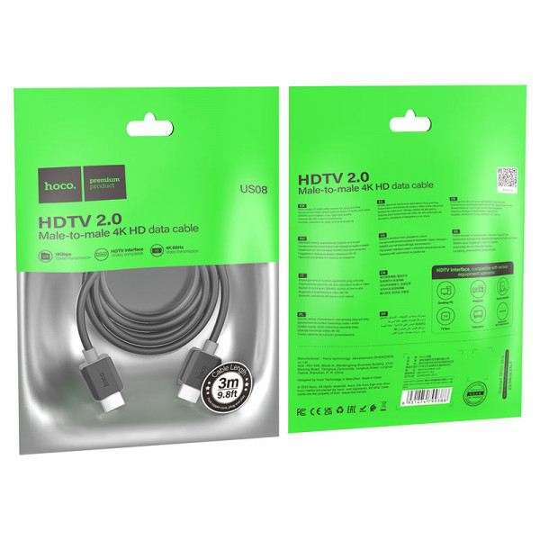Кабель HOCO HDMI-HDMI 4Kx2K Ultra HD, 3m, v2,0, круглий Black, конектор Black, Blister