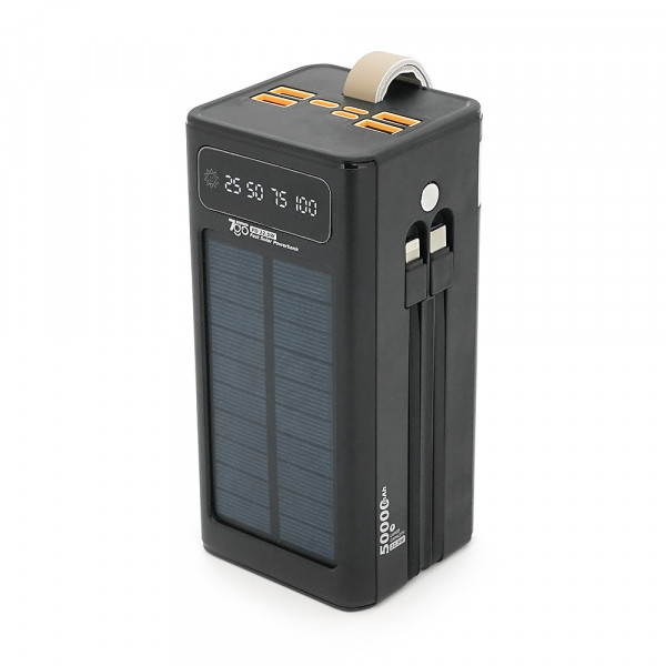Powerbank 7GO GPW-01 50000mAh, Solar, Fast charge PD22.5W, Li-pol, LCD Display, Вхід:Type-C, Виходи: 2xUSB Type-C, 4xUSB Type-A, кабелю Type-C/Lightning, 1,080, Black, Box