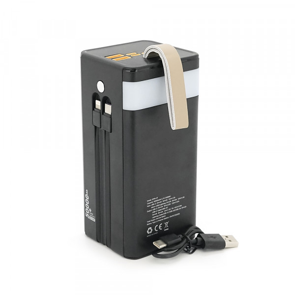 Powerbank 7GO GPW-01 50000mAh, Solar, Fast charge PD22.5W, Li-pol, LCD Display, Вхід:Type-C, Виходи: 2xUSB Type-C, 4xUSB Type-A, кабелю Type-C/Lightning, 1,080, Black, Box