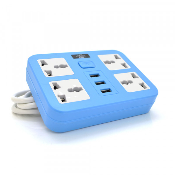Мережевий фільтр ТВ-Т15, 4 розетки + 3 USB, з перемикачем, 2 м, перетин 3х0, 75мм, 2500W, Blue, Box