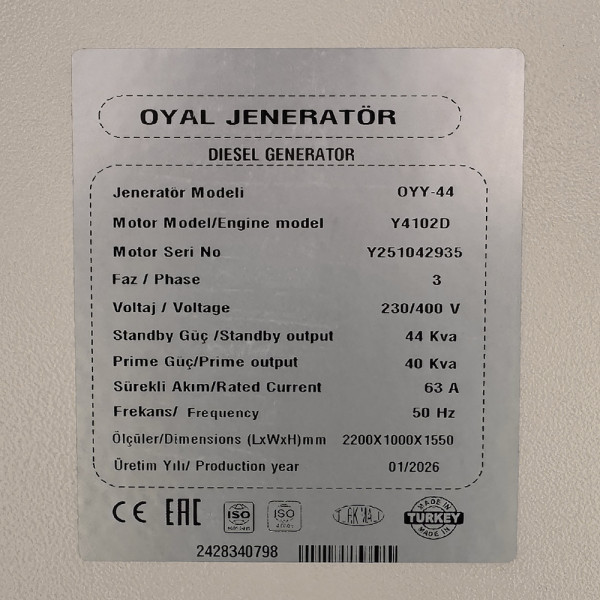 Дизельний генератор OYAL OYY-44 YANG DONG Y4102D 44KVA/35.2KW, Альтернатор OYL184J, витрата 75% навантаження - 6,8 літрів/год, 230/400 В, 50 Гц (AVR+ATS) 2200*900*1350 мм, 890 кг, 125 л