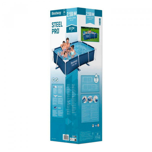 Каркасний басейн "Steel Pro". 259х170х61см. Об'єм 2300 літрів. Зливний клапан. Вага 16 кг. Box