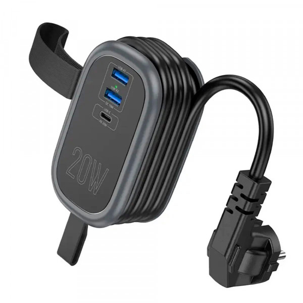 Фільтр HOCO NS7 на 1 розетку + 2 USB+ USB-C, 20W, кабель 1.1м, 220В, Black, Box
