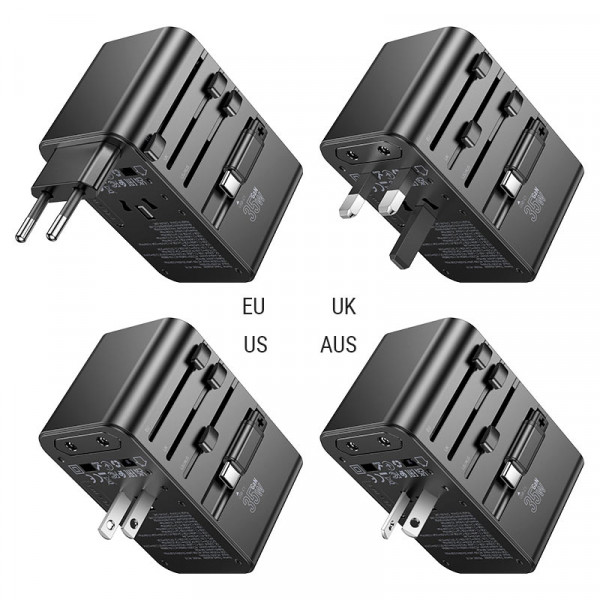 Мережевий фільтр HOCO AC18A на 1 розетку + 2 USB + USB-C, 35W, кабель 1,5 м, 220В, Black, Box
