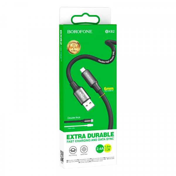 Кабель Borofone BX82, USB-Micro, 2.4A, довжина 1м, Black, BOX