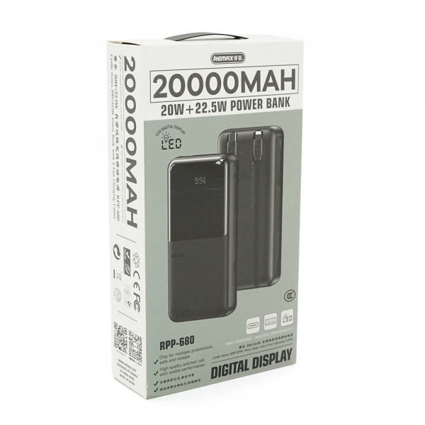 Power Bank Remax RPP-680 20000mAh, USB+Type-C+Lighting, 22.5W, Black, 0.47kg