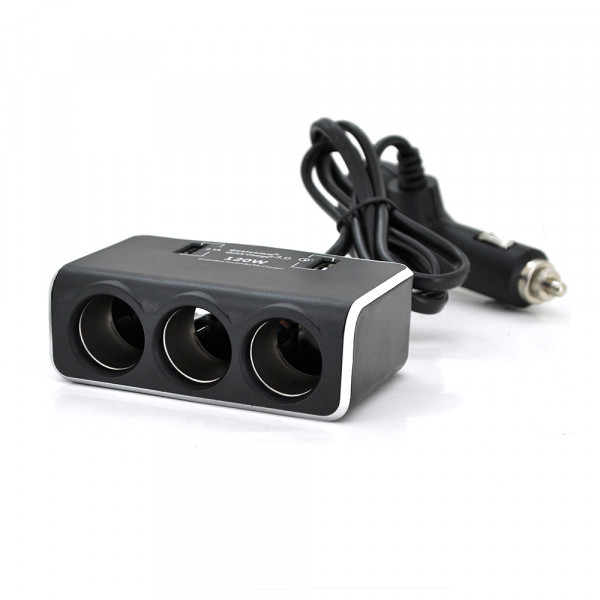 АЗП розгалужувач + вольтметр Olesson 1639, 12V-3 * 12V + 2 * USB, Black, Blister