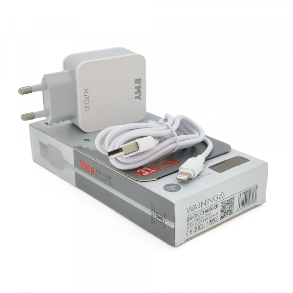 Набір 2 в 1 СЗУ With Iphone Cable 110-240V MY-A303, 3 x USB, 5V/15W, Output: 5V/3.1A, White, Box, Q25