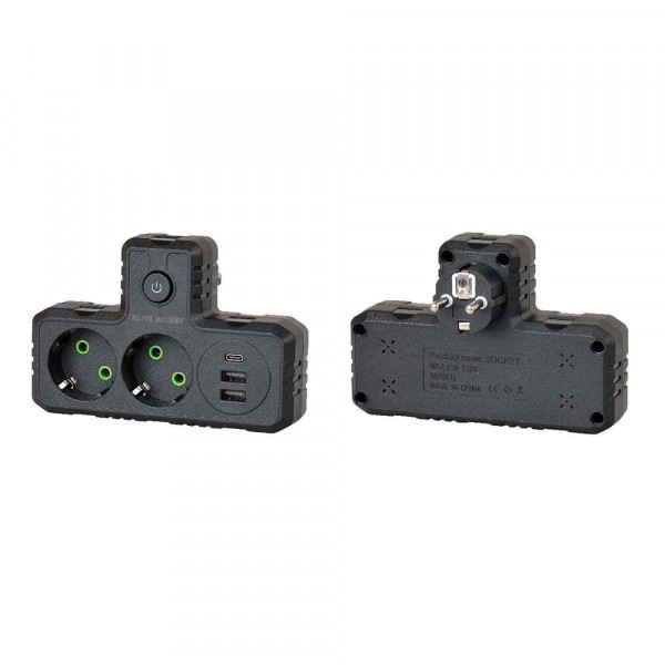 Розетка трійник Т-подібний із заземленням F303-Black, 2 розетки+2USB+1Type-C, 2500W, 10A, 110-250V~Max, Blister