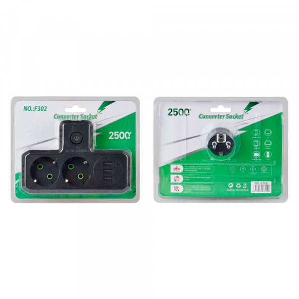 Розетка трійник Т-подібний із заземленням F302-Black, 2 розетки+3USB(1А), 2500W, 10A, 110-250V~Max, Blister