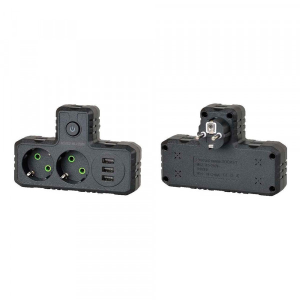 Розетка трійник Т-подібний із заземленням F302-Black, 2 розетки+3USB(1А), 2500W, 10A, 110-250V~Max, Blister