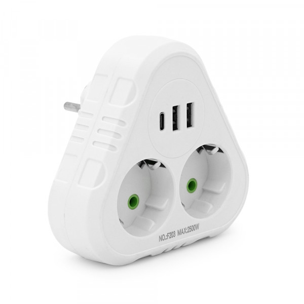 Розетка трійник із заземленням F203-White, 2 розетки+2USB+1Type-C, 2500W, 10A, 110-250V~Max, Blister