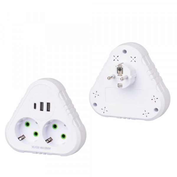 Розетка трійник із заземленням F203-White, 2 розетки+2USB+1Type-C, 2500W, 10A, 110-250V~Max, Blister