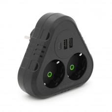 Розетка трійник із заземленням F203-Black, 2 розетки+2USB+1Type-C, 2500W, 10A, 110-250V~Max, Blister