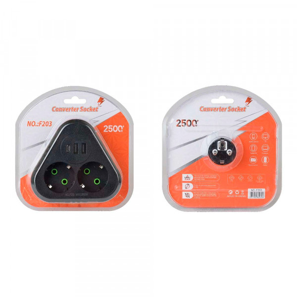 Розетка трійник із заземленням F203-Black, 2 розетки+2USB+1Type-C, 2500W, 10A, 110-250V~Max, Blister