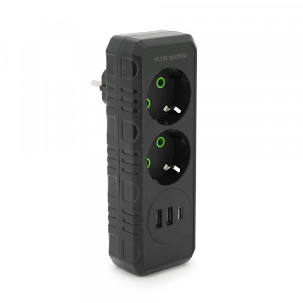 Розетка трійник із заземленням F103-Black, 2 розетки+2USB+1Type-C, 2500W, 10A, 110-250V~Max, Blister