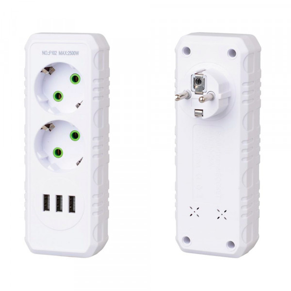 Розетка трійник із заземленням F102-White, 2 розетки+3USB(1А), 2500W, 10A, 110-250V~Max, Blister