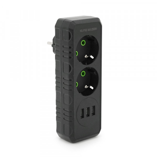 Розетка трійник із заземленням F102-Black, 2 розетки+3USB(1А), 2500W, 10A, 110-250V~Max, Blister