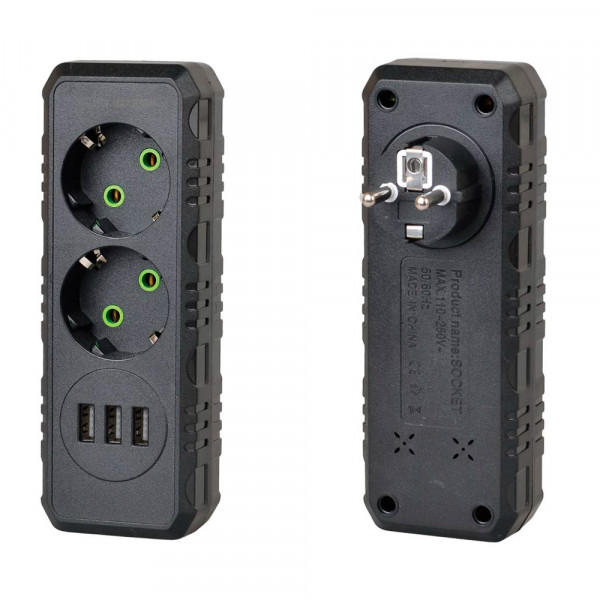 Розетка трійник із заземленням F102-Black, 2 розетки+3USB(1А), 2500W, 10A, 110-250V~Max, Blister