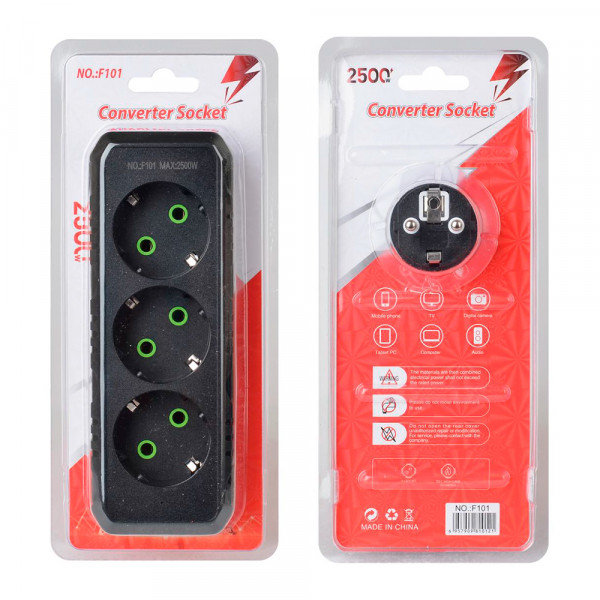 Розетка трійник із заземленням F101-Black, 3 розетки, 2500W, 10A, 110-250V~Max, Blister
