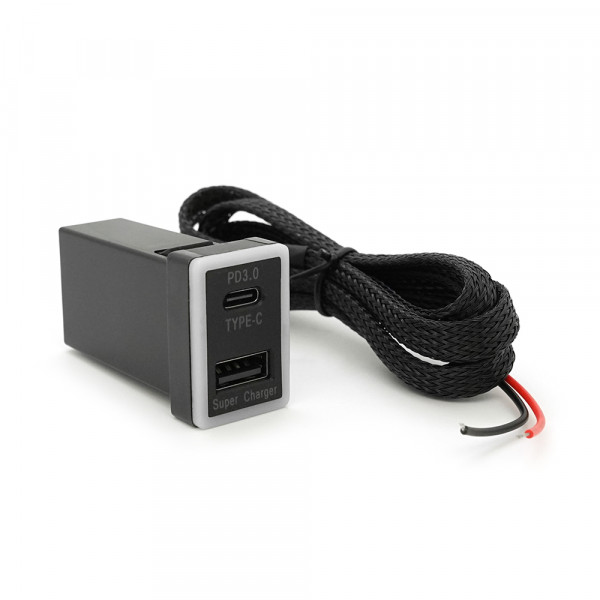АЗУ врізне 60W-D01T03-S, PD+QC, Type-C: 30W, USB: 30W, LED підсвічування, комплект проводів під паяння, 33x22х58mm, Black