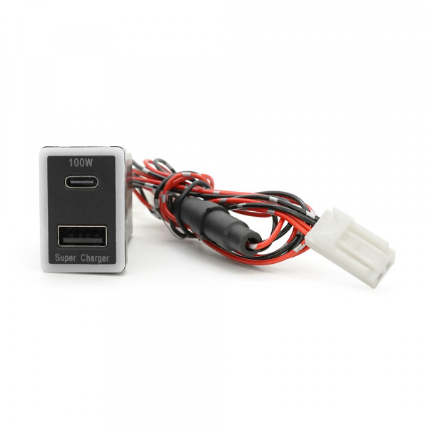 АЗУ врізне 130W-D01T03-С, PD+QC, Type-C: 100W, USB: 30W, LED підсвічування, комплект дротів з роз'ємами, 33x22х58mm, Black