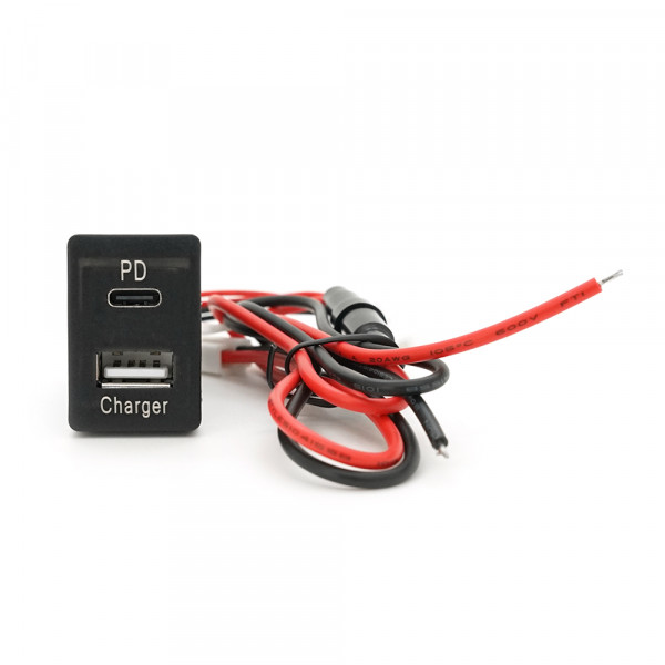 АЗУ врізне 38W-L01T03-S, PD+QC, Type-C: 20W, USB: 18W, комплект дротів під паяння, 33x22х58mm, Black