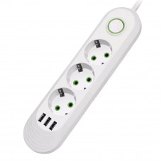 Мережевий фільтр F03U, 3 розетки EU + 3 USB, 1.5 м, перетин 3х0, 75мм, 2500W, White, Bag