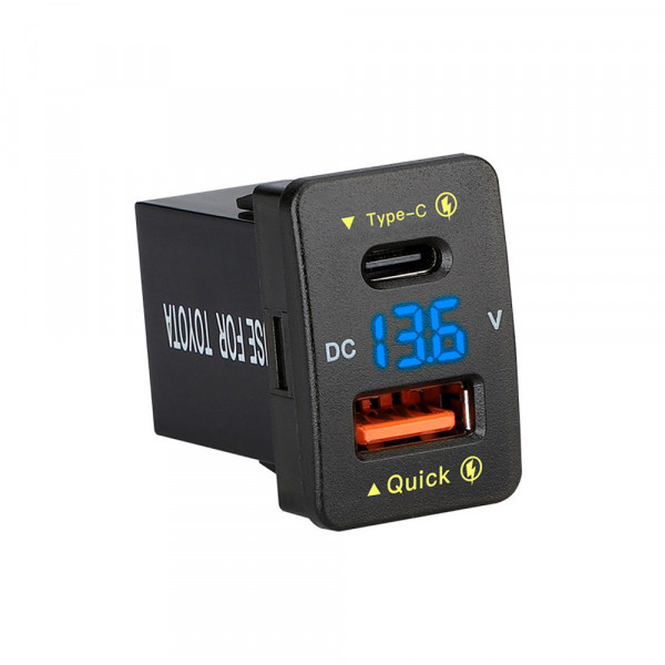 АЗУ FPUV-B, PD+QC3.0, Type-C: 30W, 5V-3A/9V-3A/12V-2.5A, USB: 18W, 5V-3.4A/9V-2A/12V-1.5A, 33x23mm, LED Blue, Black